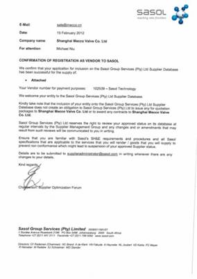 南非SASOL批准证书